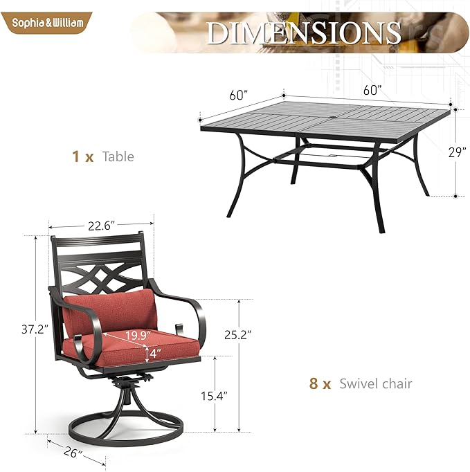 Sophia and William Swivel Outdoor Patio Dining Set for 8, Outdoor Table and Chairs, Removable Seat Cushions, Black 37" Patio Dining Table,Red