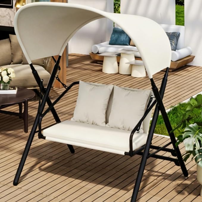 U-MAX 2 Seat Outdoor Porch Swings for Adults Patio Swings with Canopy Stand Metal Steel Frame Patio Swing Chair for Garden Yard Deck Poolside Easy Assembly, Cream White