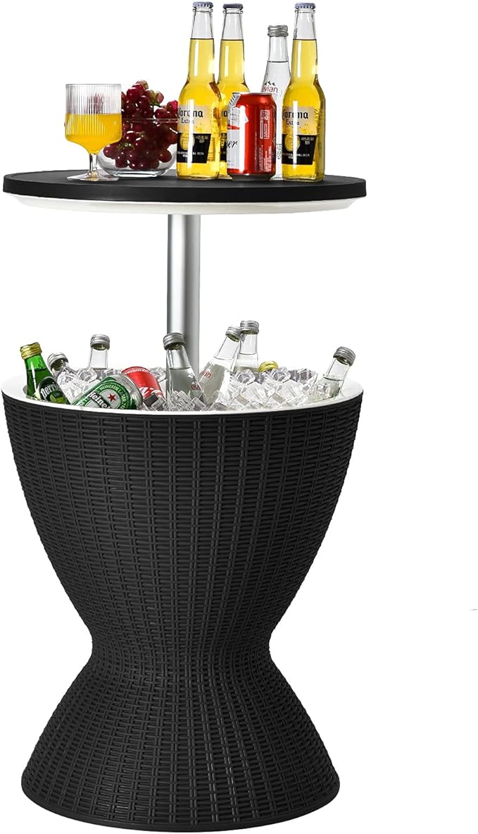 Tangkula Outdoor Cool Bar Table, Rattan Patio 8 Gallon Beer and Wine Cooler, All-Weather Ice Bucket w/Height Adjustable Top, Drainage Plug, 3-in-1 Cocktail Coffee Table for Party, Picnic (Black)
