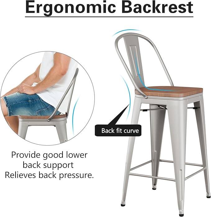 Alunaune 26" Swivel Metal Bar Stools Set of 4 High Back Counter Height Barstools Kitchen Dining Bar Chairs Industrial with Large Wooden Seat-Silver