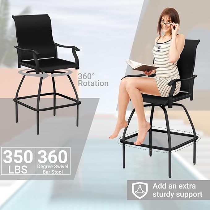 LEVELEVE Patio Bar Set 2pcs Swivel Bar Stools Outdoor Bistro Textilene Furniture Stability All-Weather Set (2, Black Padded)