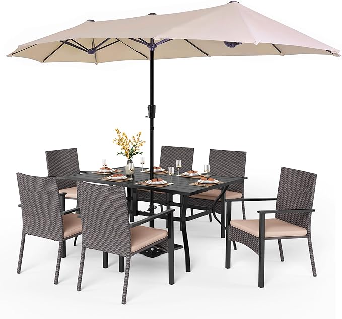 PHI VILLA 7 Pieces Patio Dining Set with Umbrella for 6, 60” Large Metal Iron Dining Table & Cushioned Rattan Wicker Chairs & 13ft Beige Umbrella for Patio, Deck, Yard, Porch