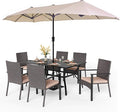 PHI VILLA 7 Pieces Patio Dining Set with Umbrella for 6, 60” Large Metal Iron Dining Table & Cushioned Rattan Wicker Chairs & 13ft Beige Umbrella for Patio, Deck, Yard, Porch