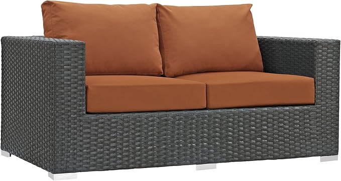 Modway Sojourn Wicker Rattan Outdoor Patio Sunbrella Fabric Loveseat in Canvas Tuscan