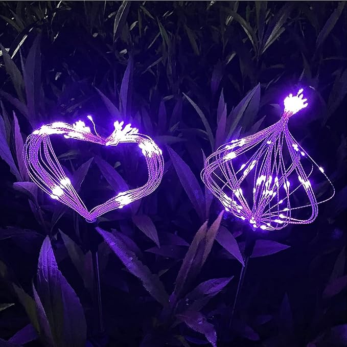 JJGoo Solar Firework Lights, 2 Pack 150 LEDs 2 Lighting Modes Solar Lights Outdoor Waterproof for Garden Patio Walkway Pathway Party Wedding Christmas Decorative - Purple