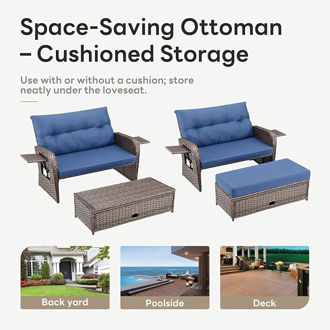 Belord Oversize Outdoor Daybed Set - Patio Recliner Loveseat with Storage Ottoman, Wicker Double Lounge Chair wth 5 Level Adjustable Backrest and 2 Retractable Table