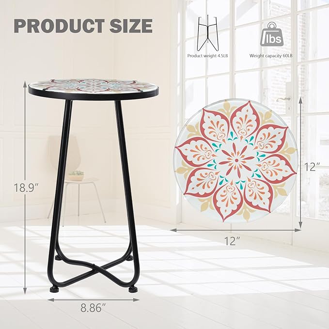 VCUTEKA Patio Side Table Outdoor Accent Table Bistro Coffee Table Plant End Table Small Porch Table Indoor Round Glass Balcony Plant Table Stands Khaki Flower 12 inches