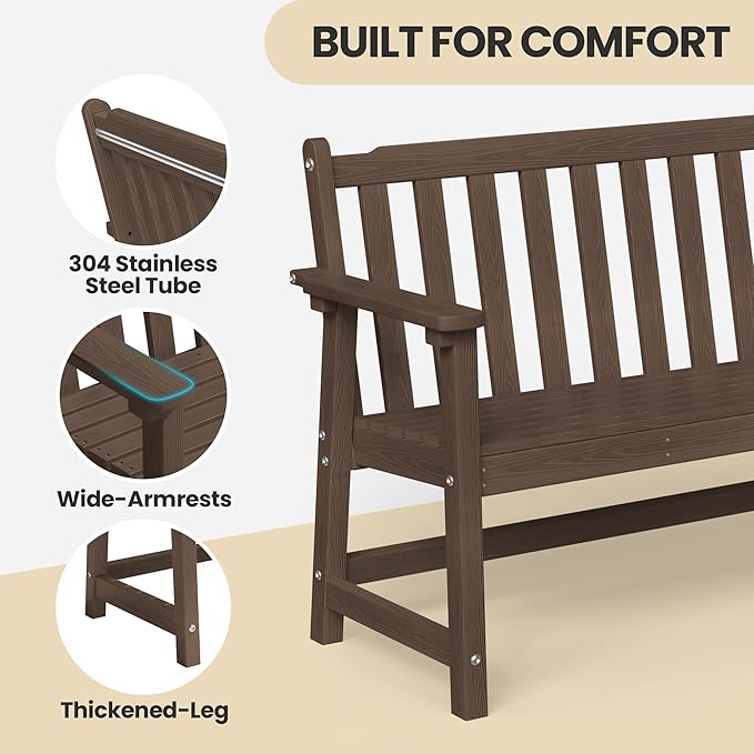 Ciokea 48" Outdoor Bench Set of 2, HDPE Weatherproof Garden Bench, 2-Person Memorial Benches with 550 Lbs, Waterproof Patio Porch Benches for Outside Business Deck Office Backyard Balcony, Brown