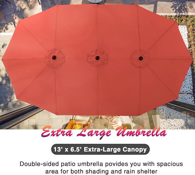 PHI VILLA 8 Piece Patio Dining Set with 13ft Double-Sided Patio Umbrella,Metal Outdoor Table Furniture Set with 6 Outdoor Stackable Chairs, 1 Rectangle Dining Table and 1 Large Umbrella