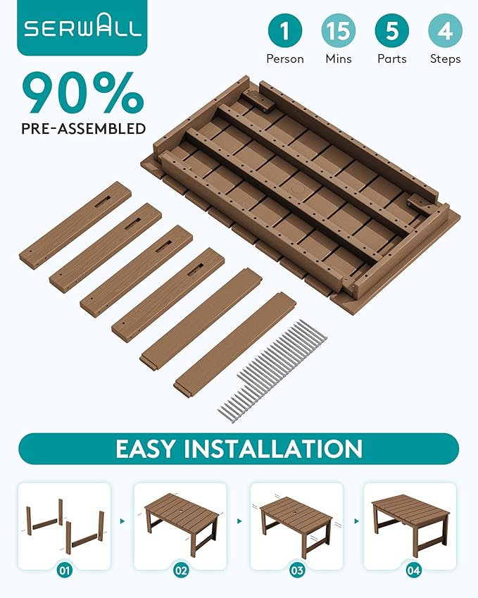 SERWALL Outdoor Coffee Table with 9FT Umbrella, HDPE Patio Coffee Table for Outside, Rectangle, Brown(Not Include Umbrella Base)