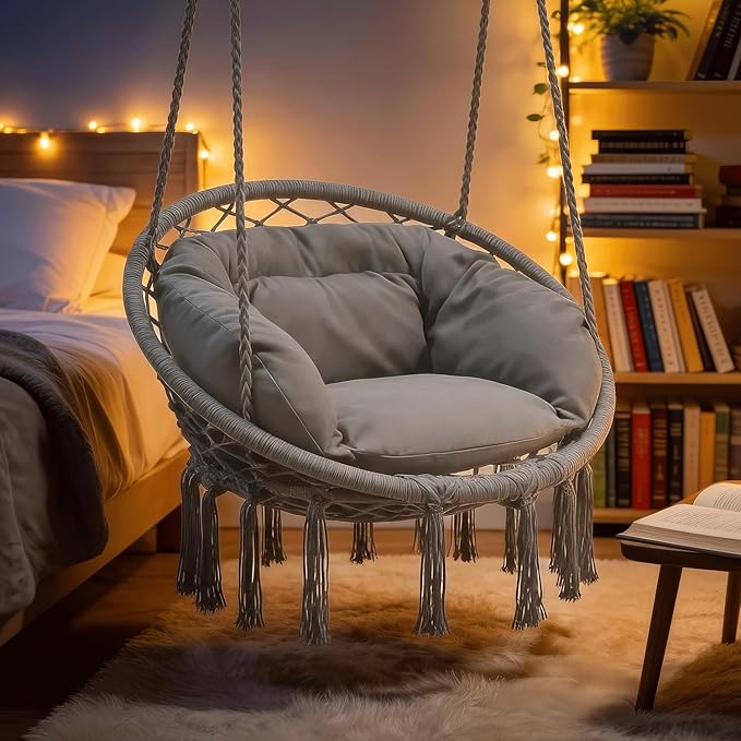 Monibloom Hanging Hammock Chair with Full Cushion, Adults Indoor Hammock Swing with Max 350 Lbs Capacity, Outdoor Macrame Hanging Chair with Boho Tassels, Home Accent Furniture Chair Swing, Grey