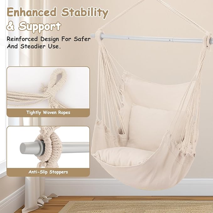 Athena Collection Hammock Chair Hanging Rope Swing Chair with 2 Cushions, Max 350 Lbs, Hanging Macrame Chair with Anti-Slip Grooves Spreader Bar and Pocket for Outdoor Indoor Patio Yard, Beige