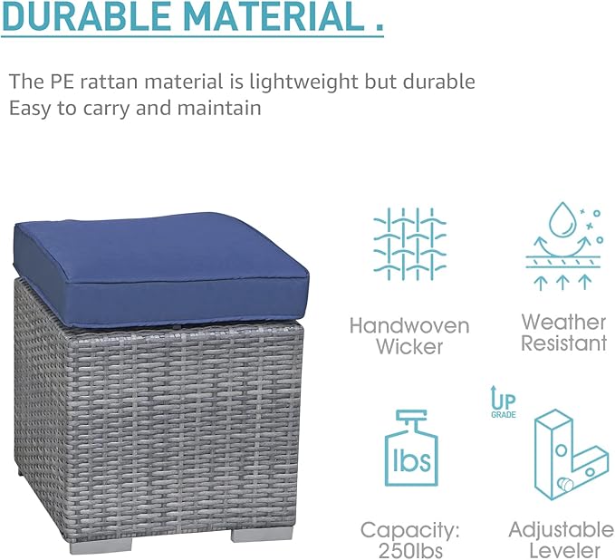 Patiorama 2 Pieces Assembled Outdoor Patio Ottoman, Indoor Outdoor All-Weather Grey Wicker Rattan Outdoor Footstool Footrest Seat w/Navy Blue Cushions,Outdoor Ottoman for Patio,No Assembly Required