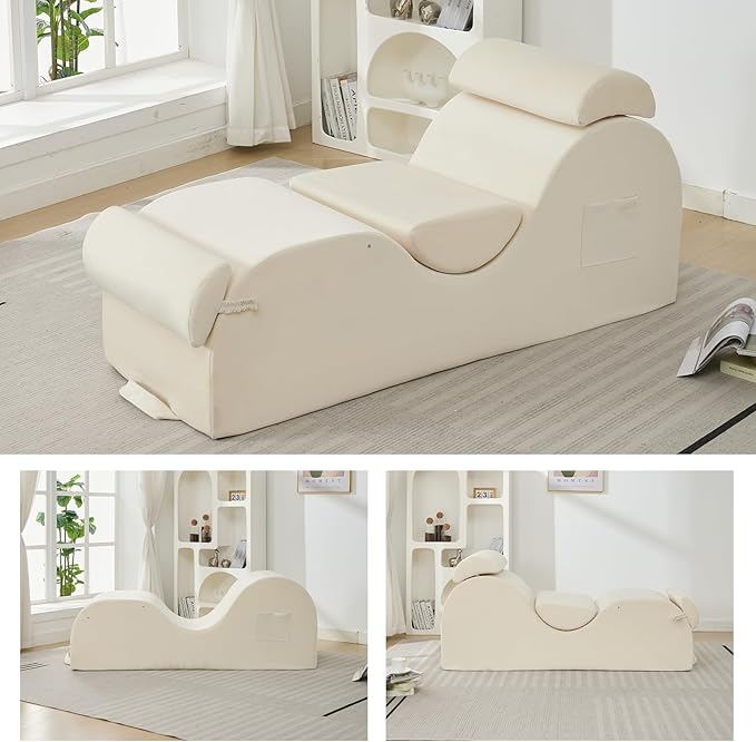 ijuicy Sleek Chaise Lounge Chair for Yoga/Exercise, Indoor Lounger with Headrest, Waist Cushion, Movable Footrest, Side Pockets, Non-Slip Bottom - High Density Sponge, Beige