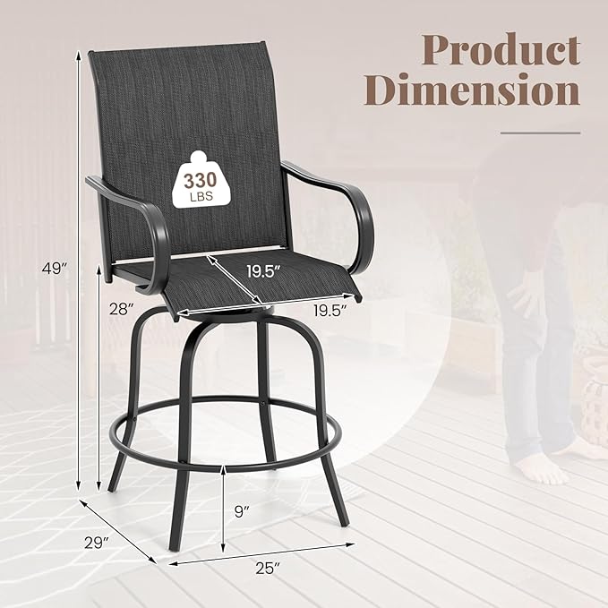 Giantex Set of 2 Swivel Outdoor Bar Stools, All-Weather Bar Height Patio Chairs, 330LBS Capacity, 360 Rotating Outside Bar Chairs with High Back Armrests, for Porch Yard Lawn Garden Pool (Black)