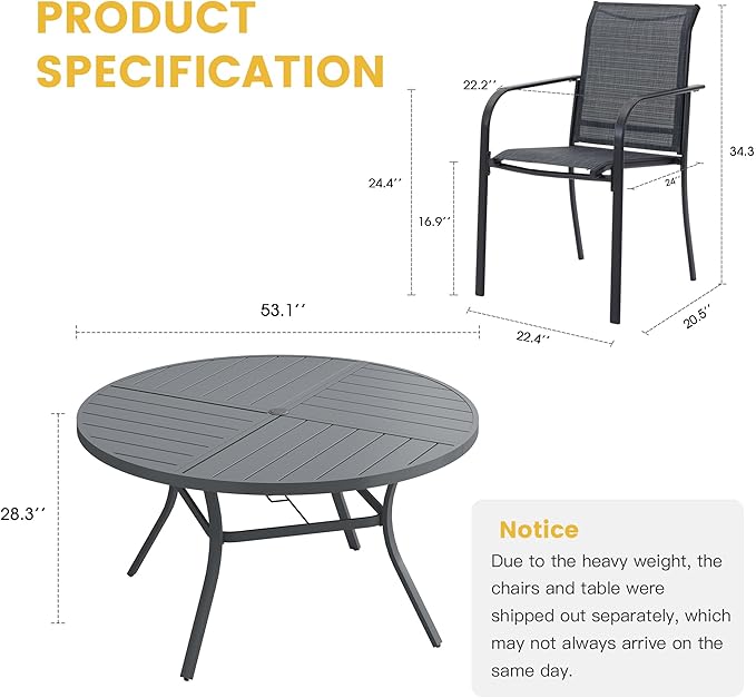 VICLLAX Patio Table and Chair Set of 8, All Weather Metal Round Outdoor Dining Furniture Set-53 Round Outdoor Table and Chairs, Grey Tabletop
