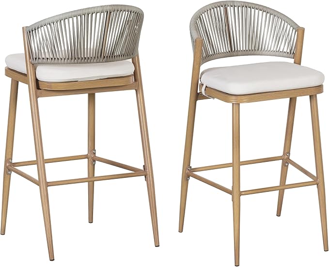Christopher Knight Home Hearth 30.25" Patio Barstools Set of 2, Woven Wicker Counter Stool, Aluminum Frame Barstool, PE Rattan Scallop-Shape Backrest Woodlike Stool for Backyard Balcony, Maple