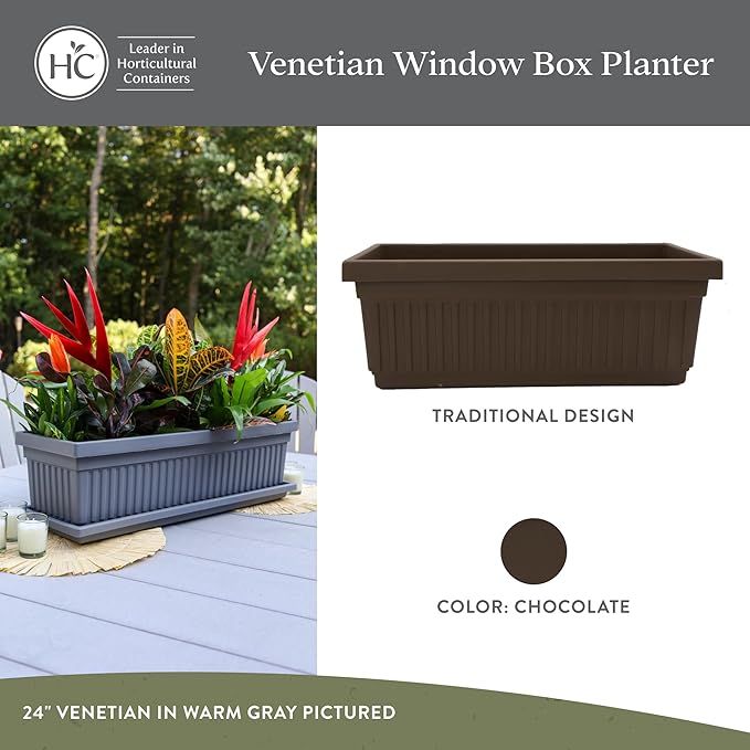 The HC Companies 24 Inch Venetian Window Planter Box with Drainage Plug, Lightweight UV-Resistant Plastic Indoor & Outdoor Planters, 2-Pack Flower Box for Garden & Home Decor, Chocolate