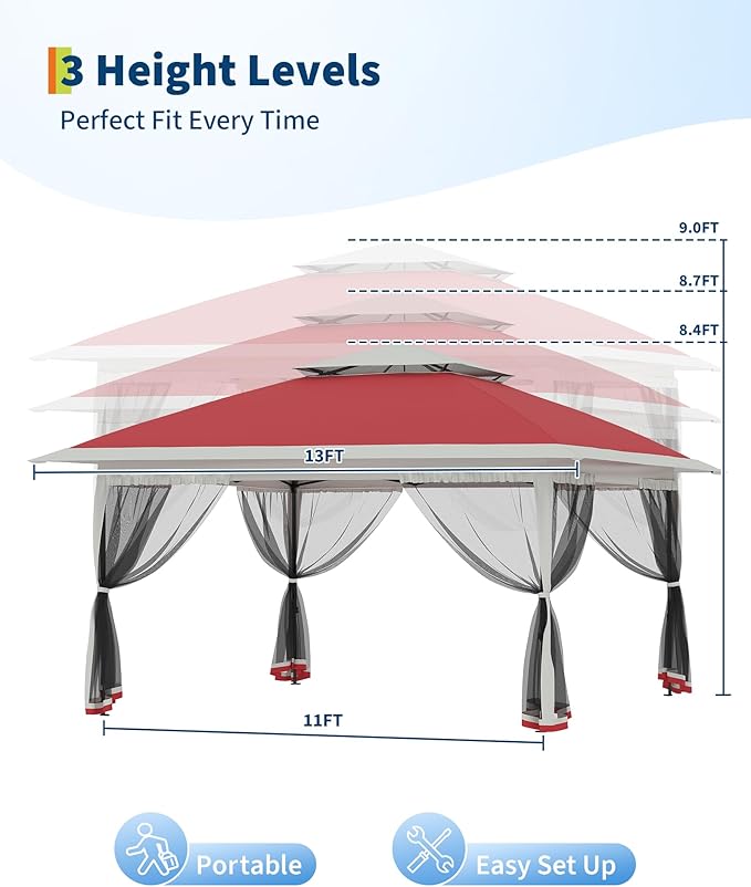 Canopy Tent 13x13 ft, Pop Up Gazebo One-Push Setup with 4 SandBags for Backyard Parties and BBQs, Mosquito Netting & Height Adjustable - Red
