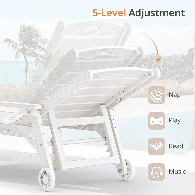 LUE BONA Chaise Lounge Chair with Table, 6-Piece, HDPS Chaise Lounger, 5 Positions Adjustable Lounge Chairs, Pool Lounge Chair with Wheels for Poolside, Backyard, White