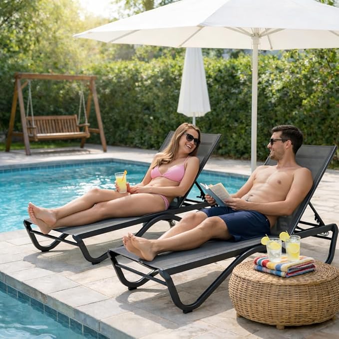 Kozyard Outdoor Chaise Lounge Chair, Full Aluminum Frame, Adjustable Reclining Patio Lounger for Poolside, Sunbathing & Backyard, Textilene (Gray, 2Chairs + Table)