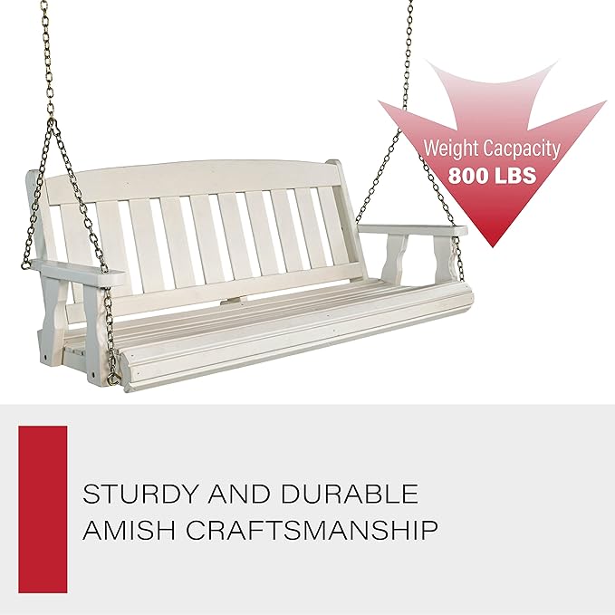 Amish Casual Heavy Duty 800 Lb Mission Treated Porch Swing with Hanging Chains (5 Foot, Semi-Solid White Stain)
