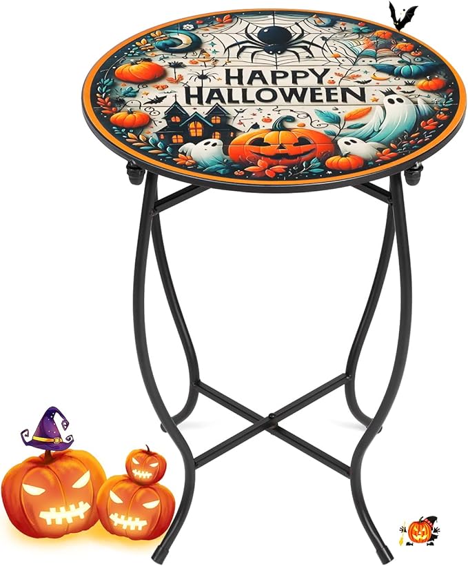 Fashion&cool Patio Side Tables, 14 Inch Weather Resistant Metal Outdoor Side Table for Halloween, Round End Table Side Table for Patio Yard Porch Balcony Garden Bedside, Plant Stand (Orange-Pumpkin)