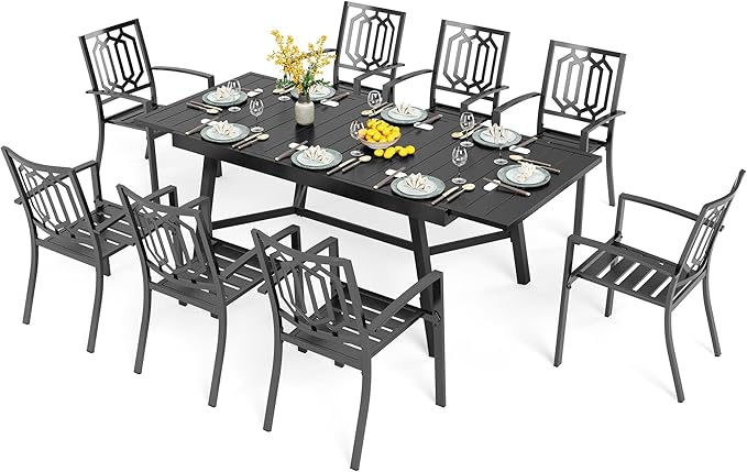 PHI VILLA 9 Pieces Outdoor Dining Set for 8, 84" Long Expandable Metal Steel Table & Stacking Wrought Iron Chairs, Modern Furniture Set for Patio, Deck, Yard, Porch - Black