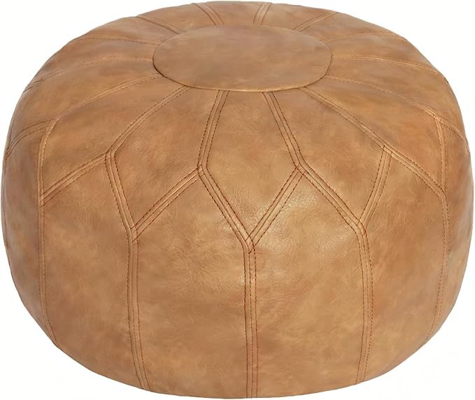 Thgonwid Unstuffed Moroccan Faux Leather Pouf Ottoman with Storage - Handmade Boho Chic Multi-Use Footrest for Living Room, Bedroom, Patio - Round Ethnic Floor Cushion & Decorative Accent, Khaki