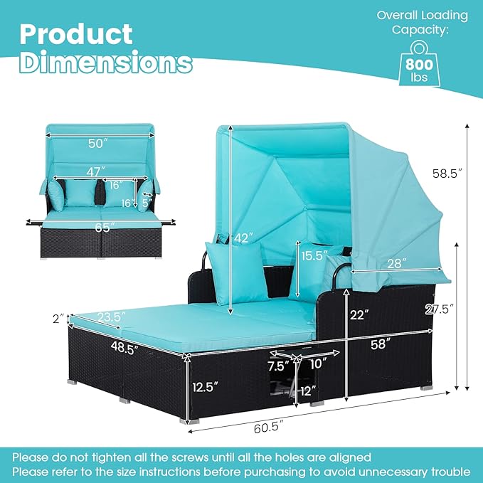 Moccha Outdoor Daybed with Retractable Canopy, Wicker Cabana with 2 Side Tables & Soft Cushions ,Hand-Woven PE Rattan Bed Lounger, Patio Sectional Furniture Set for Garden Backyard Porch (Turquoise)