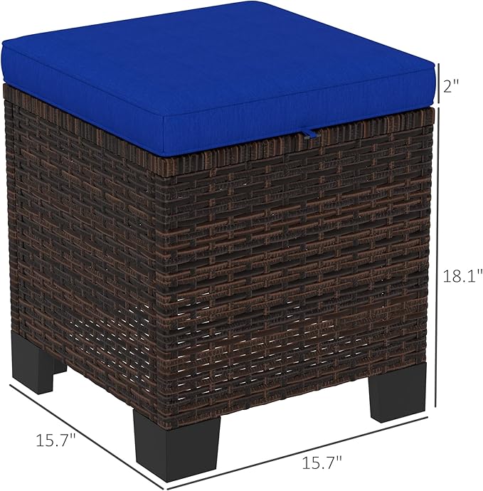 Outsunny 2 Pieces Outdoor Patio Ottomans, All Weather Wicker Outdoor Footstools with Removable Cushions, 3-in-1 PE Rattan Ottoman Seat, Footrest and Side Table for Backyard, Poolside, Dark Blue