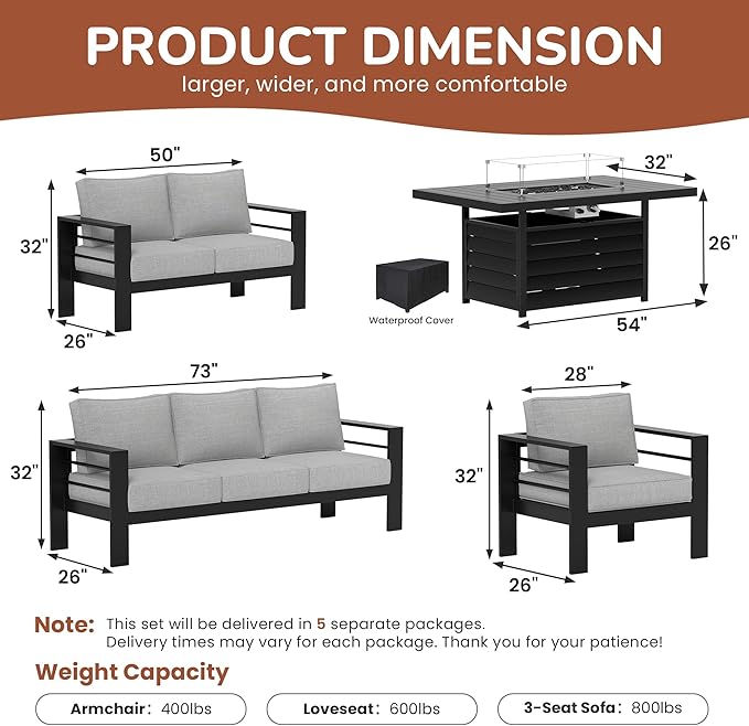 Solaste Aluminum Patio Furniture Set with 55 inch Fire Pit Table, 5 Piece Metal Outdoor Furniture with Water-Resistant Cushion, Modern Patio Conversation Set for Balcony, Front Porch, Backyard, Black