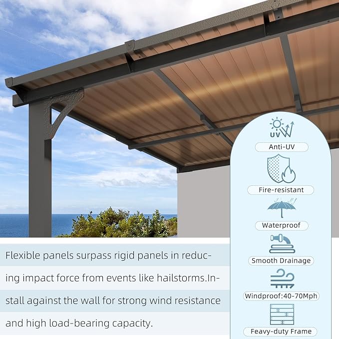 AECOJOY 10' x 12' Adjustable Height Outdoor Lean to Gazebo Pergola for Patio, Large Wall-Mounted 6.5-9.8 Ft Hard Top Metal Heavy Duty Metal Awnings Shelter Pergolas and Gazebos Clearance with Roof