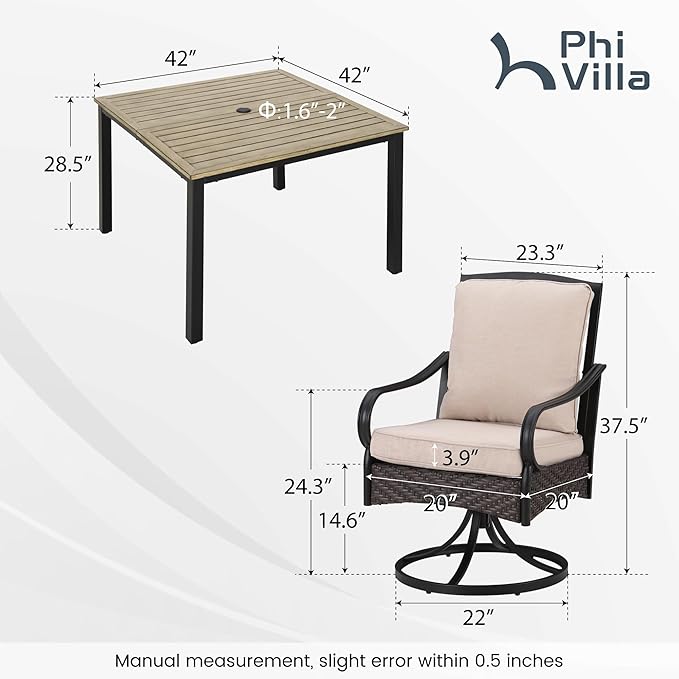 PHI VILLA 5-Piece Outdoor Dining Set, Heavy Duty Patio Table and Chairs Set with Umbrella Hole for 4, 42" Square Patio Woodgrain Metal Table with Padded Swivel Chairs