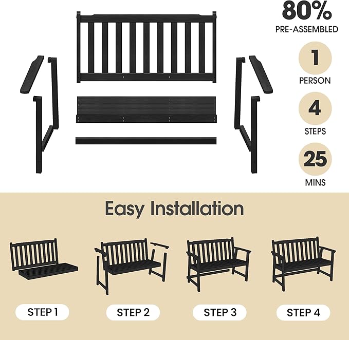 Ciokea 48" Outdoor Bench Set of 2, HDPE Weatherproof Garden Bench, 2-Person Memorial Benches with 550 Lbs, Waterproof Patio Porch Benches for Outside Business Deck Office Backyard Balcony, Black