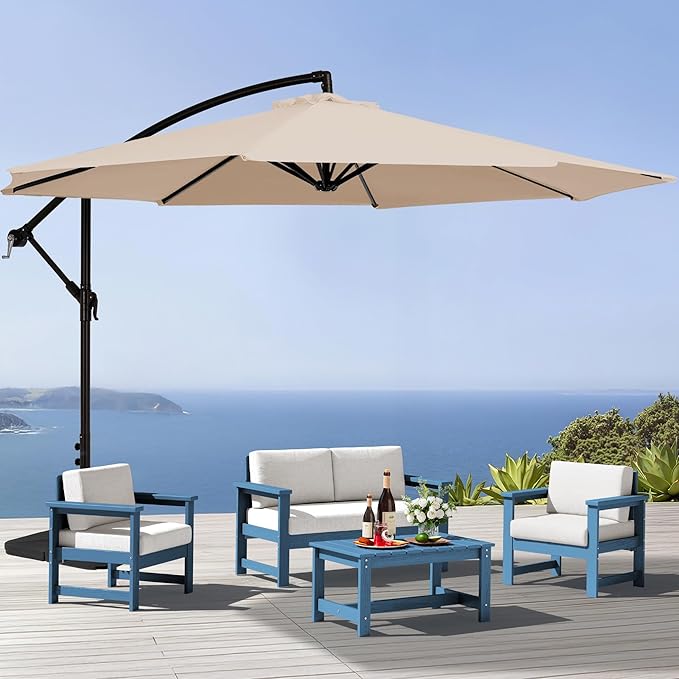 SERWALL 4 Pieces HDPE Outdoor Sofa Set with 10FT Patio Umbrella, All Weather Use Loveseat Furniture Sofa Set, Outdoor Conversation Couch with Coffee Table for Patio, Blue Frame with Khaki Cushions