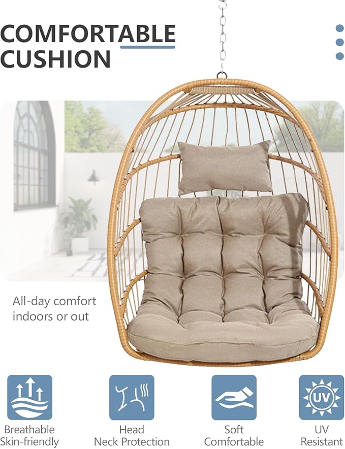 SWITTE Egg Chair Outdoor with Footrest & Stand, Indoor Wicker Hanging Egg Swing Chair with Cushion for Patio, Bedroom, Garden - Cream