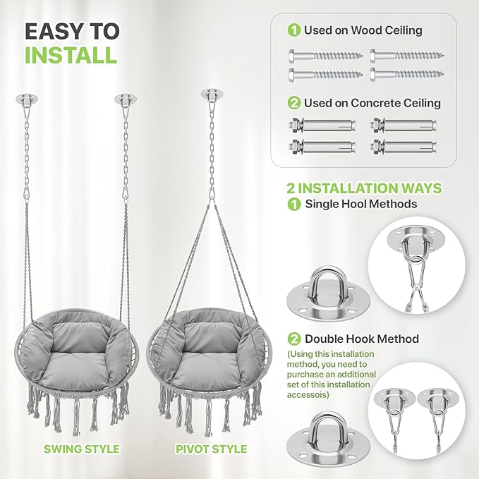 Magshion Hanging Hammock Chair with Comfortable Full Cushion, Macrame Indoor and Outdoor Swing Chair, 350 Lbs Capacity, Accent Hanging Swing with Boho Tassels for Living Room, Bedroom and Porch (Gray)
