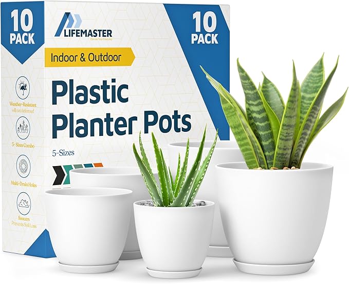 Lifemaster Eco Friendly Plant Pot Set - 10-Pack Home Decor Flower Indoor and Outdoor Plastic Pots with Drainage Holes, Assorted Sizes (7", 6.6", 6", 5.3", 4.8") - Stackable Garden Versatile Planters
