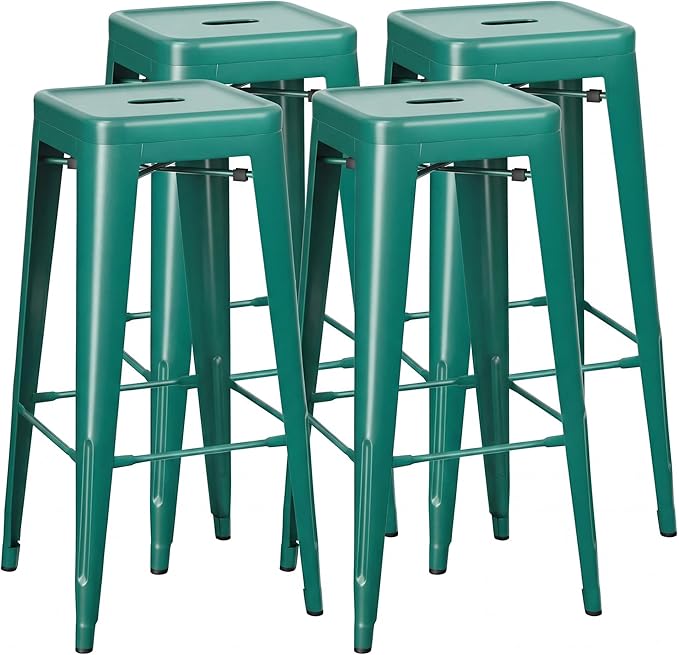 Shahoo 30 Inches Metal Bar Stools Counter Height Stackable Backless Stools, Industrial Patio Stools Indoor Outdoor Metal Kitchen Stools Set of 4 (Green, 30'')