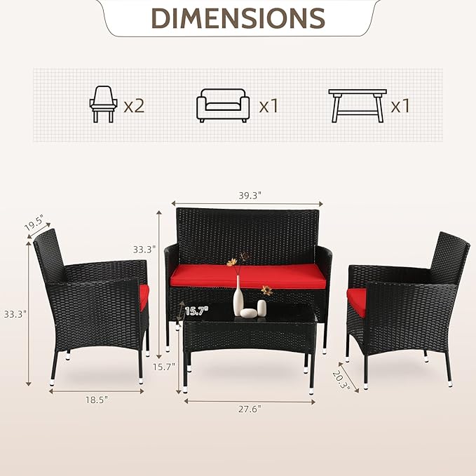 FDW Rattan Furniture Wicker Chair Patio Bristo Set for Outdoor Indoor Use with Loveseats Coffee Table,Red Cushion, 4-Pieces