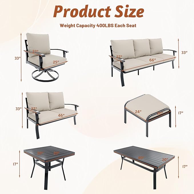 HOMREST Metal Outdoor Ottoman, 2-Piece Aluminum Footstool w/Removable Cushion, Multipurpose Footrest Stool Additional Seating, Set of 2 Outdoor Ottomans for Patio Deck (Beige)