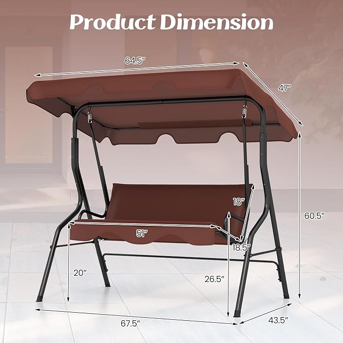 Porch Swing Outdoor, 3 Person Patio Swing w/Removable Cushion, Stand & Adjustable Canopy, Heavy Duty Swing Chair for Patio, Garden, Courtyard, Poolside