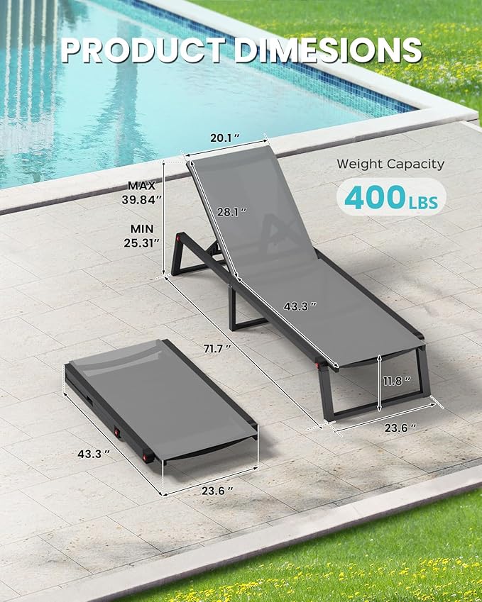 Aluminum Pool Lounge Chairs Set of 2 with 1 Side Table, Foldable Outdoor Chaise Lounge 5-Position Lounge Chirs for Outside Poolside, Fully Grounded Legs Sun Lounger for Beach, Yard, Dark Grey