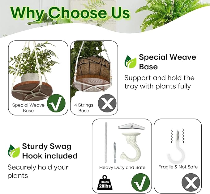 2 Tier Macrame Plant Hanger | Plant Hanger Indoor, Hanging Planter | Hanging Planter Shelf (Beige) (Large, 12" Shelf)