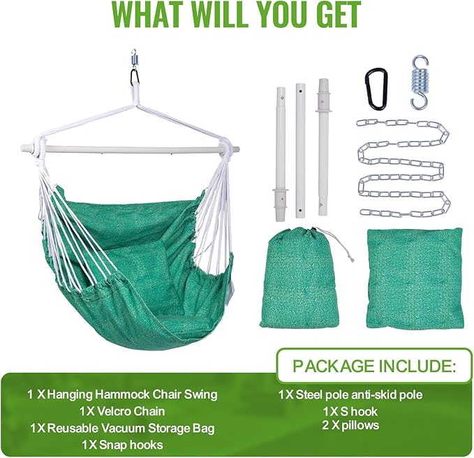 Backyard Expressions Hanging Hammock Chair Swing with Cushions & Hanging Kit – 500 lb Capacity, Cotton Blend Fabric, for Indoor/Outdoor Use – Includes Chain, Hooks & Spring – 5 Colors