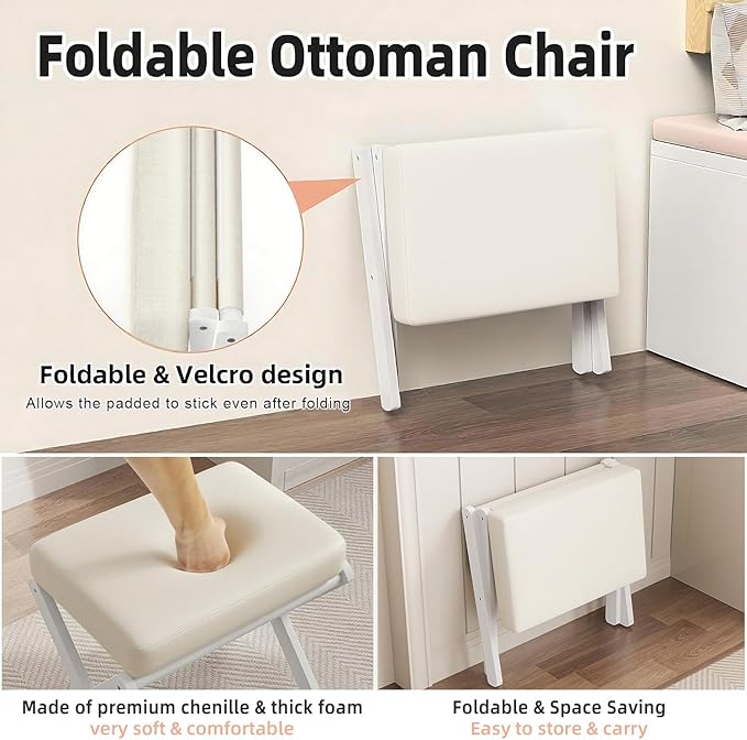 Foldable Foot Stool Ottoman, Modern Foot Rest with Bamboo X Legs & Thick Foam Cushion, Folding Foot Stools Small Padded for Bedroom Living Room, Footstool for Chair Couch (White - White)