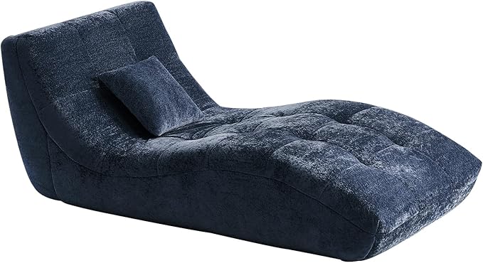 Chaise Lounge Chair with Curved Back, Modern Upholstered Recliner Sofa, Tufted Accent Lounger Comfortable Lazy Chair for Bedroom, Apartment (Blue)