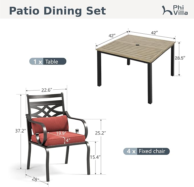 PHI VILLA 5 Pieces Outdoor Dining Set for 4, 42" Square Brown Metal Table with Umbrella Hole & Wrought Iron Chairs, All Weather Outside Furniture with Red Cushions & Pillows for Patio, Deck, Porch