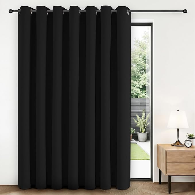 Joydeco Blackout Patio Sliding Door Curtains 96 Inches Long, Grommet Privacy Room Divider Curtains, Extra Wide Thermal Blackout Drapes for Bedroom Living Room (Black, 100Wx96L, 1 Panel)